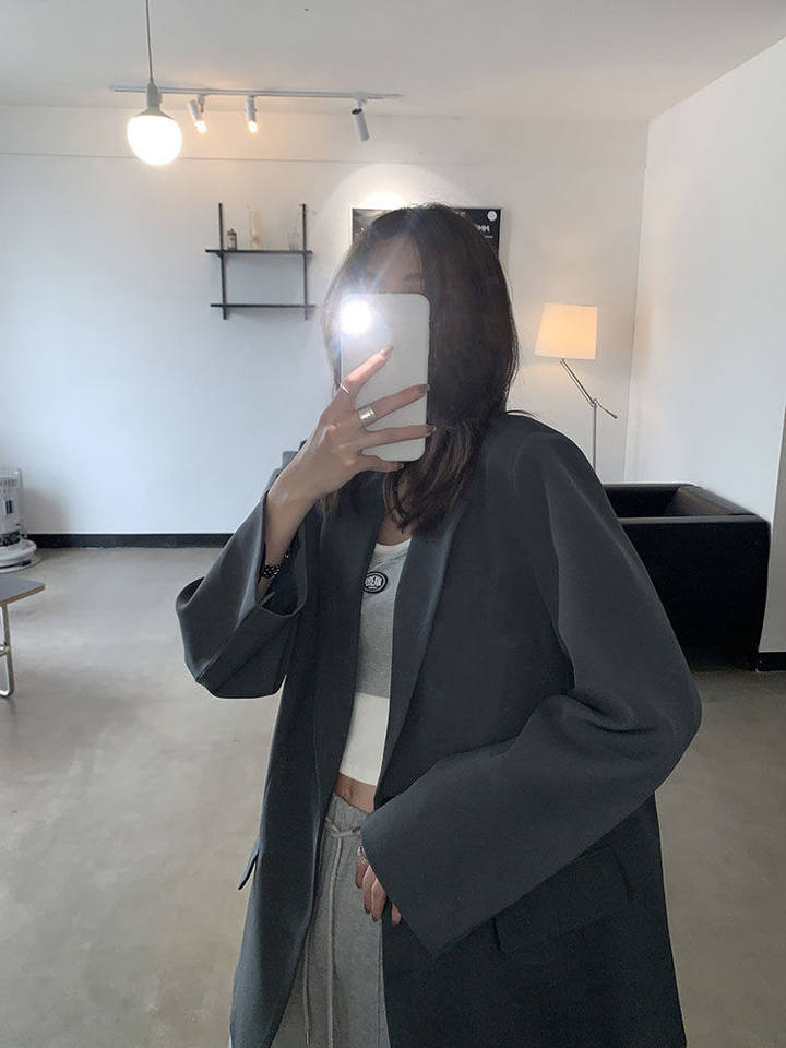 Áo blazer nữ màu xám phong cách Hàn Quốc, áo vest dài tay dáng suông tôn dáng — Màu xám [chất lượng cao] chi tiết 5