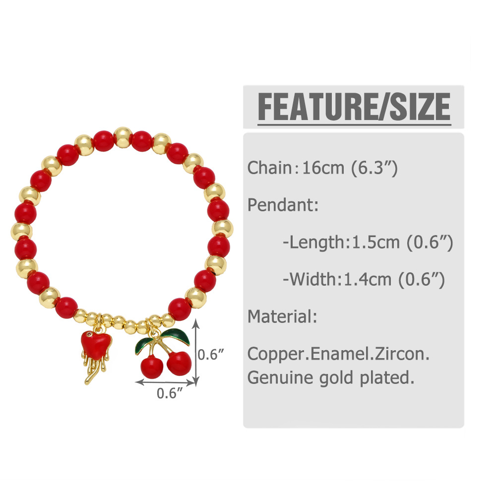 14g Weight Copper Pendant Material Cute Classic Style Cherry Strawberry Watermelon Acrylic Copper Beaded Chain Beaded Bracelets Wholesale
