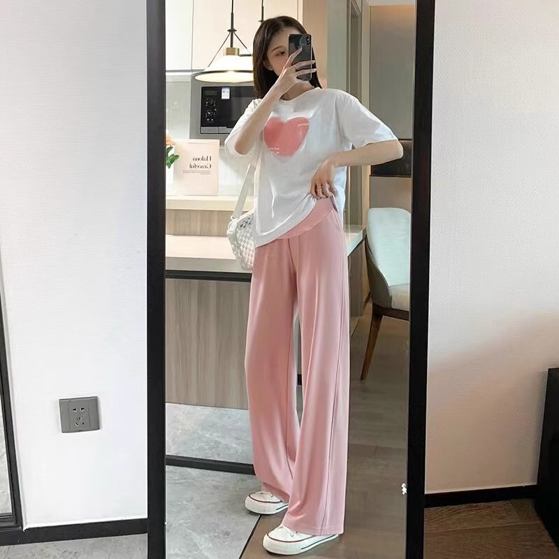 Maternity Summer Short-Sleeve T-Shirt Two-Piece Set, Loose Korean Style Daily Wear, White Top, Ice Silk Wide-Leg Pants, Thin Maternity Summer Short-Sleeve T-Shirt Two-Piece Set, Loose Korean Style Daily Wear, White Top, Ice Silk Wide-Leg Pants, Thin