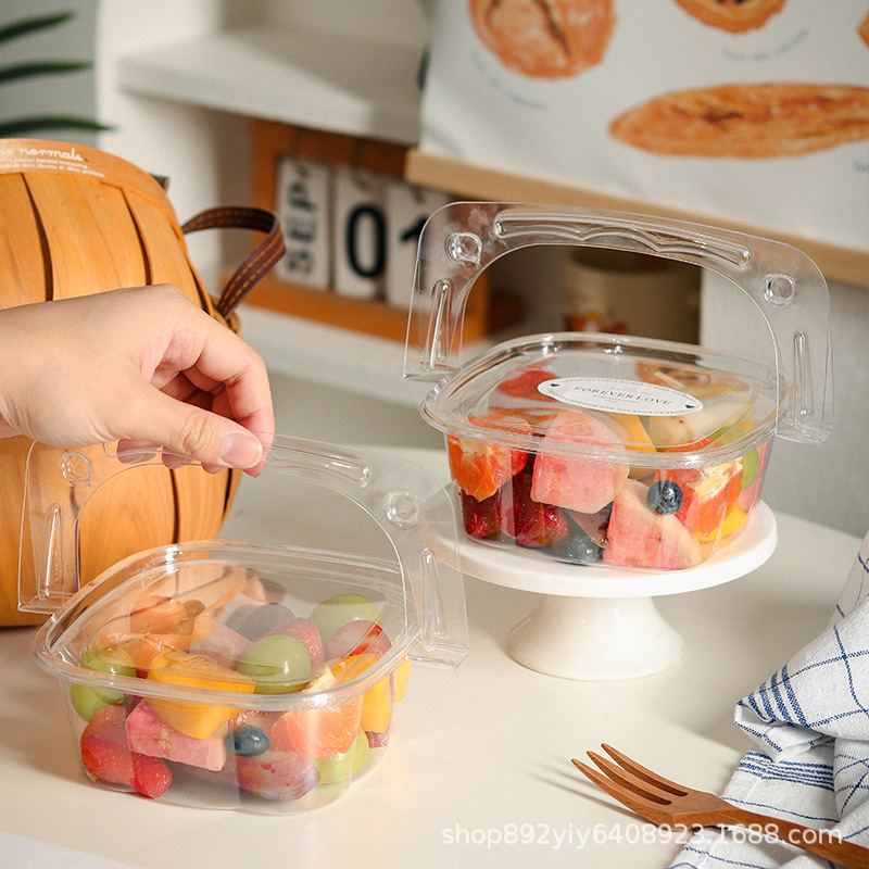 Caja de embalaje de corte de frutas Pastel de postre recién cortado Camping Picnic Excursión de primavera Caja de embalaje desechable portátil transparente