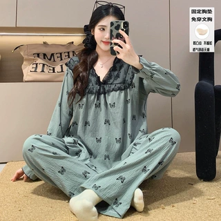 特价新款春季云朵棉带胸垫格子睡衣女长袖开衫少女休闲家居服