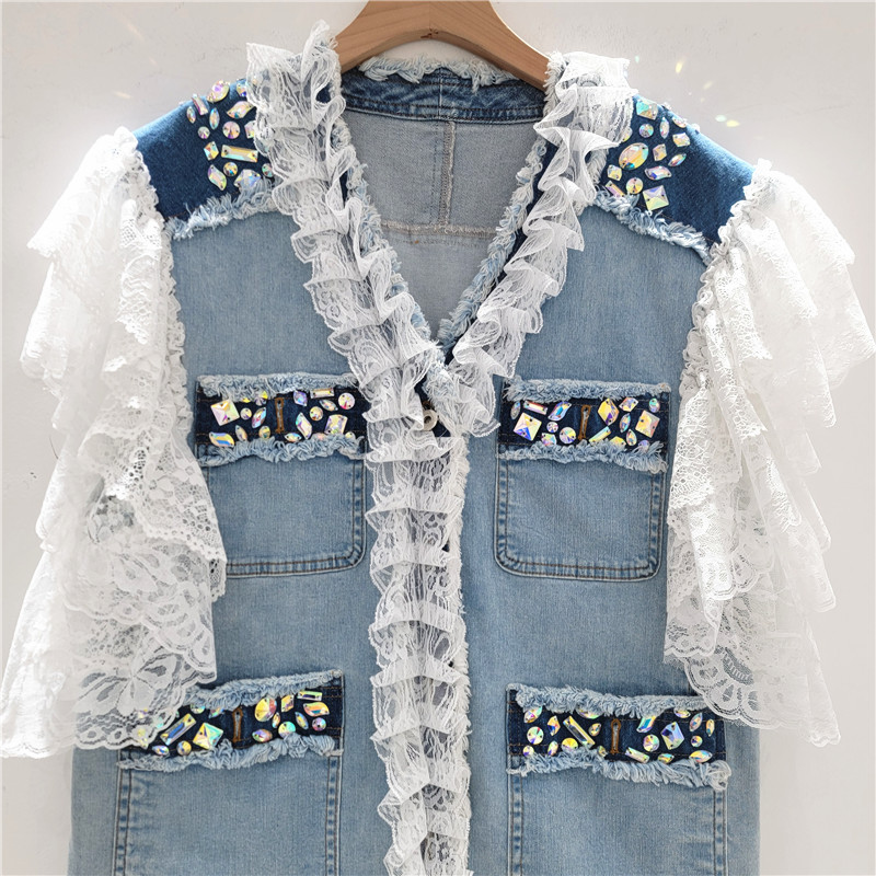 Diseño pesado diamante de cuello V chaleco denim de verano nuevo encaje suelto chaqueta sin mangas de lótus