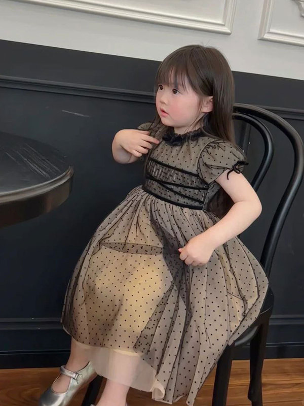女の子ドレスサマードレス 2025 新しい子供スカート女の子黒水玉プリンセスドレスファッショナブルなメッシュスカートトレンディな|undefined