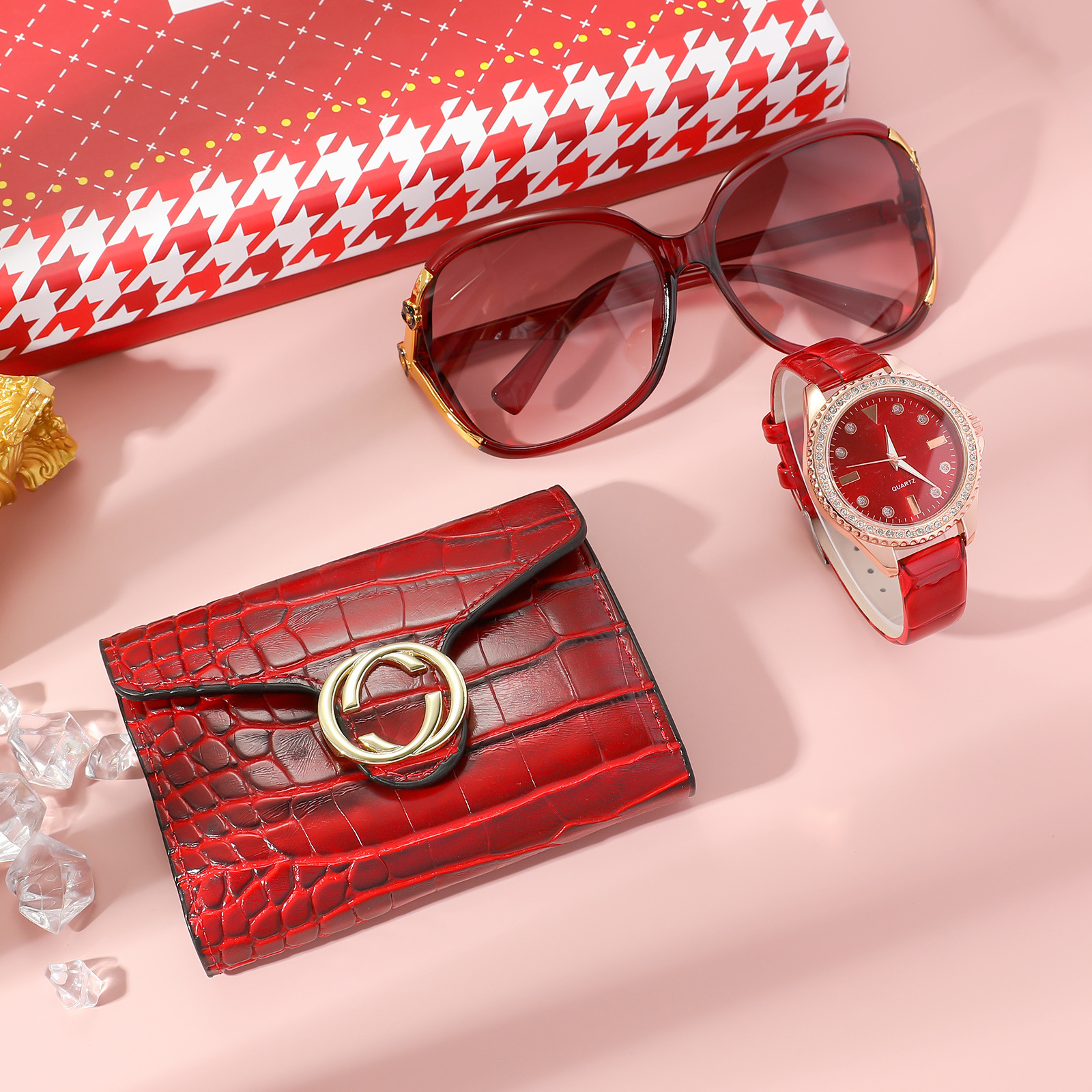 Set de Reloj para Mujer en Caja de Regalo, Reloj Rojo + Cartera + Gafas de Sol + Perfume, Set de 3 Piezas