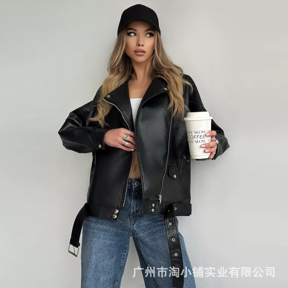 European and American Loose Leather Clothing Women's Spring Autumn and Winter Fried Street Coat Street BF Wind Cotton PU Leather Jacket Biker Clothing Hong Kong Fashion