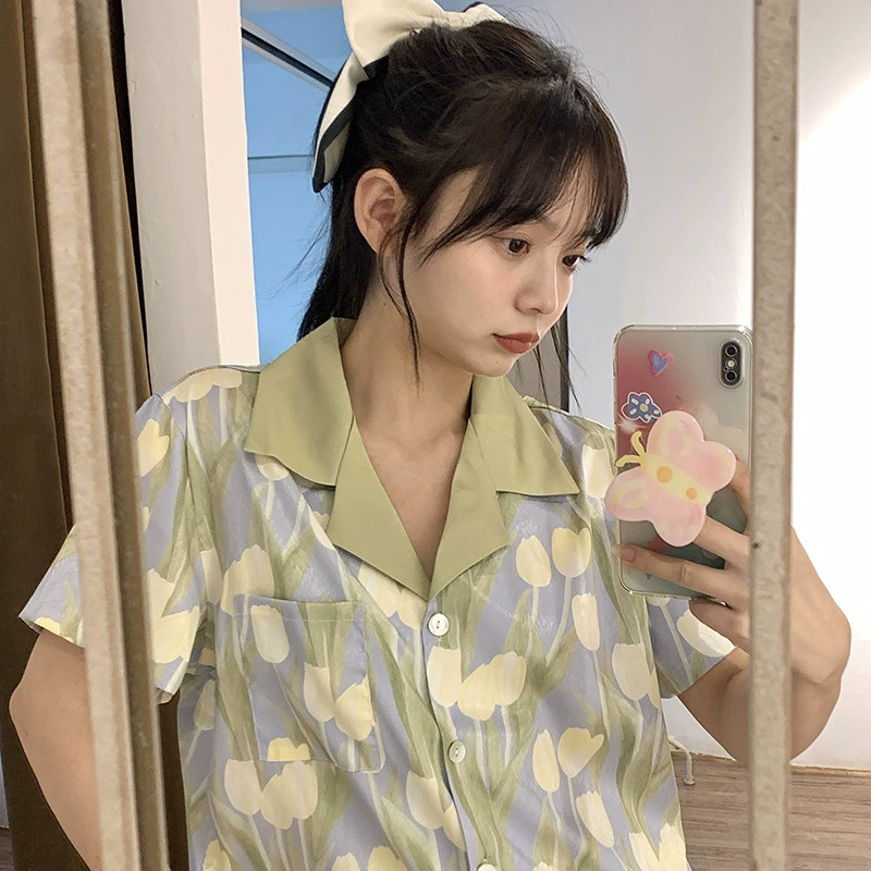 Пижама-комплект из двух предметов, женские летние брюки с короткими рукавами из тюльпана из ледяного шелка, летние шорты, весна и лето, классная Домашняя одежда, костюм