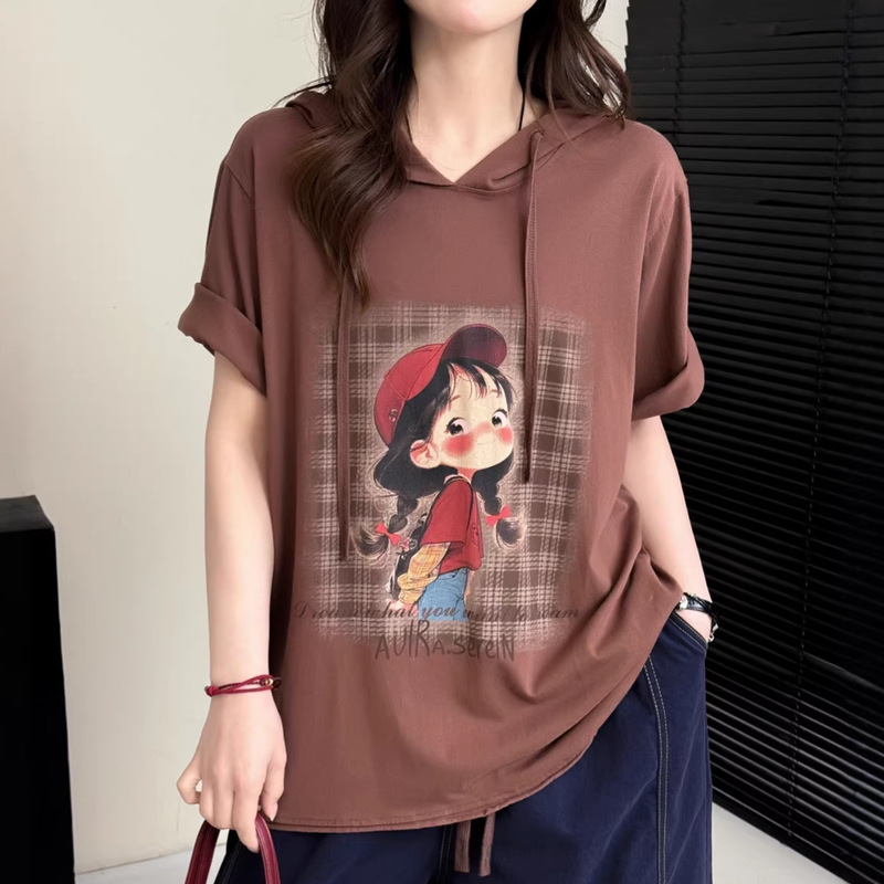 2026 Spring New Artistic Loose Simple Printed Short-Sleeve Hooded Pullover Women's T-Shirt 2026 Spring New Artistic Loose Simple Printed Short-Sleeve Hooded Pullover Women's T-Shirt