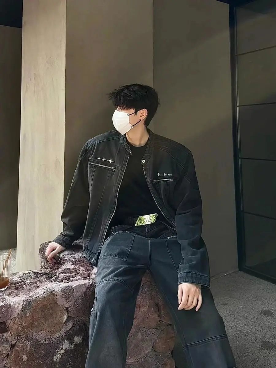 クリーンフィットショートショルダーパッドデニムジャケットメンズ春秋アメリカンレトロハンサムストリートファッションブランドジャケット