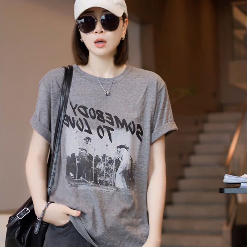 2026 Summer New Style American Retro Rock Letter Print Short-Sleeved T-Shirt Loose Slimming Top for Women 2026 Summer New Style American Retro Rock Letter Print Short-Sleeved T-Shirt Loose Slimming Top for Women