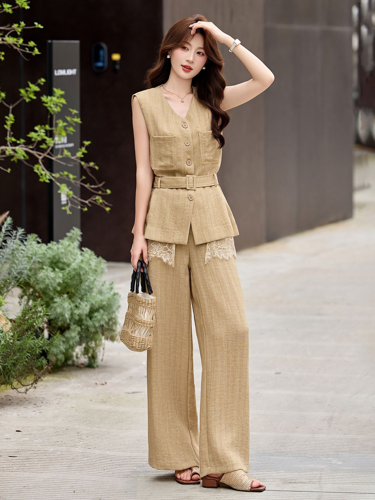 Bộ vest quần ống rộng nữ phối ren dây rút eo 2 món YH6133 — Màu ảnh