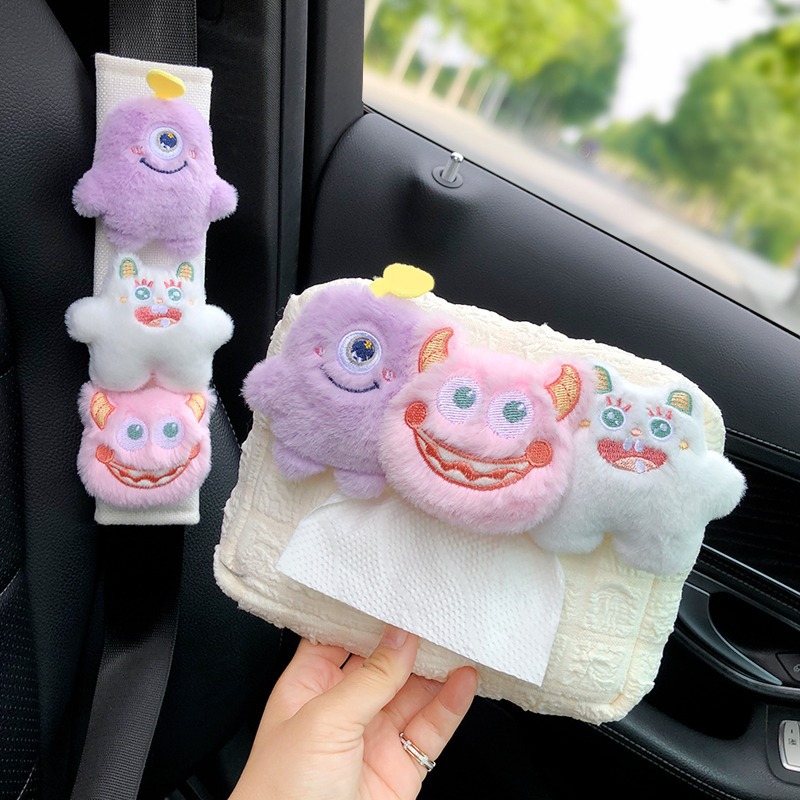 Cute Monster Caja de pañuelos de coche Caja de dibujo de papel de coche colgante Caja de reposabrazos Decoración de coche Bolsa de pañuelos de coche Mujer