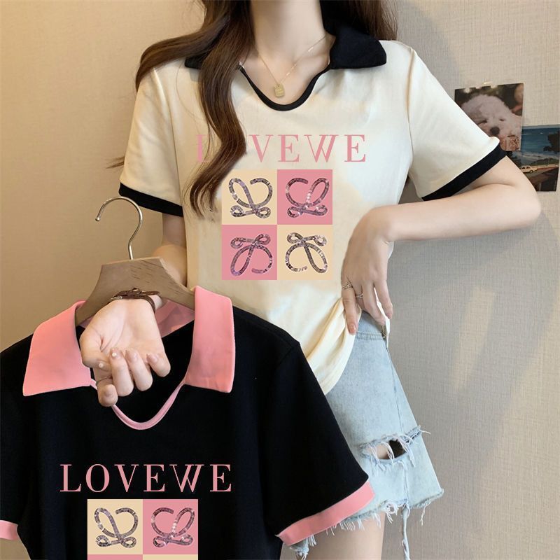 Plus Size Contrasting Color Lapel Short-Sleeved T-Shirt for Women Summer New Loose Slimming Look Letter Printed Fashion Versatile Top
