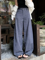 藏青色泡泡棉格子弯刀裤女夏季薄款韩系松弛感西装阔腿裤镰刀裤子
