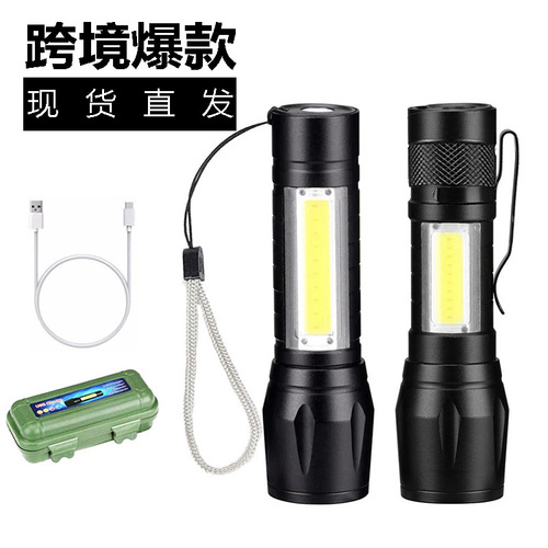 Outdoor portable flashlight COB rechargeable LED retractable zoom flashlight USB rechargeable bright zoom flashlight