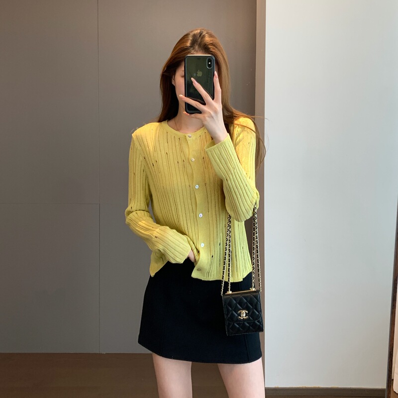 Tencel Linen, Smooth, Light, Cool, Loose-Fitting, Round-Neck, Hollow-Out Ribbed Knit Cardigan, Breathable for Summer H052903 Tencel Linen, Smooth, Light, Cool, Loose-Fitting, Round-Neck, Hollow-Out Ribbed Knit Cardigan, Breathable for Summer H052903