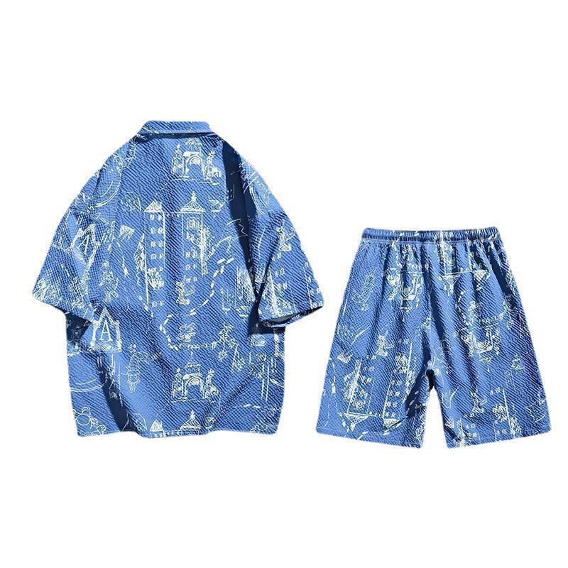 2024 verano nueva camisa de espuma de manga corta + pantalones cortos para hombres camisa de manga de cinco puntos + cinco puntos