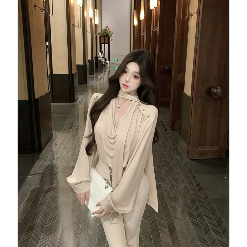 纯欲气质高级感灵动柔光飘带衬衫气质七分袖衬衣女上衣|undefined