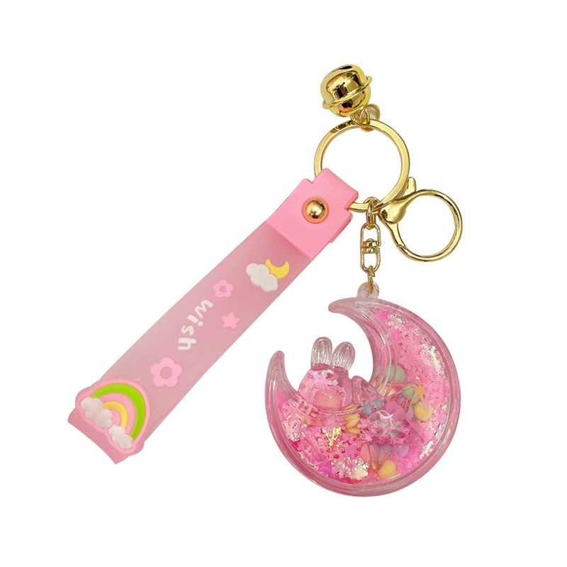 Red de aceite creativo rojo luminoso copo de nieve estrella Luna conejo Quicksand botella llavero femenino lindo Quicksand botella colgante bolsa adornos