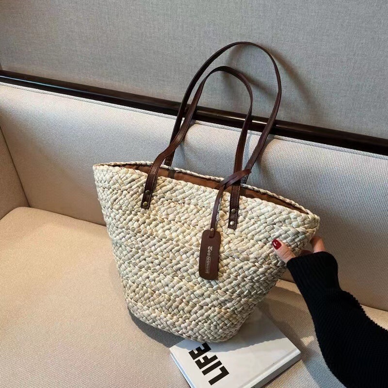 手作りフレンチワンショルダー大容量トウモロコシ皮織りポータブルわらバッグ野菜バスケットホリデービーチバッグ女性のレトロ|undefined