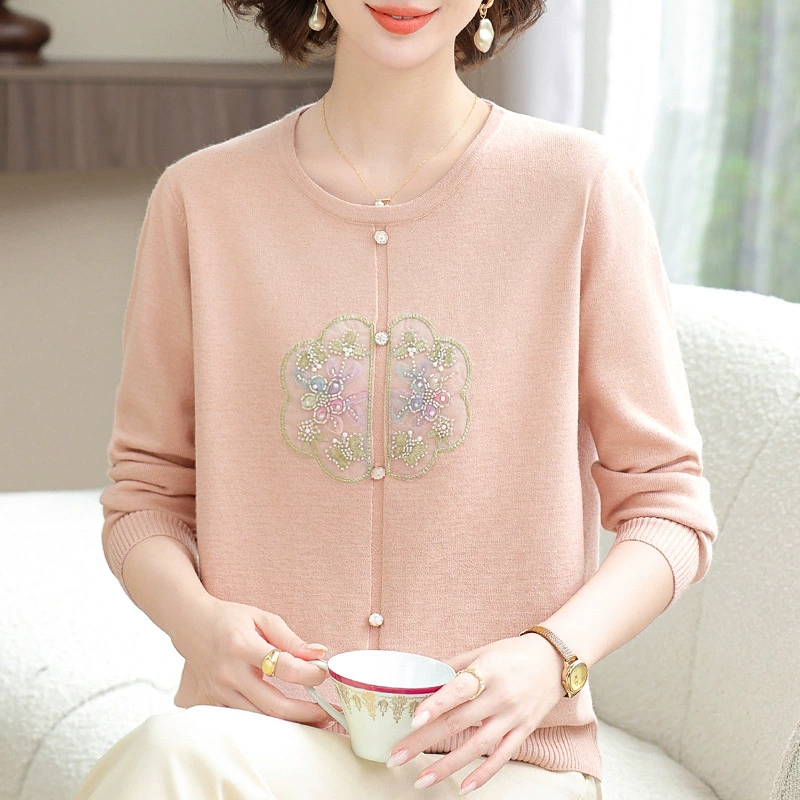 Новый стильный вязаный топ для мам 2025 года, свитер для женщин среднего и старшего возраста, модная базовая рубашка для весны и осени, скрывающая живот