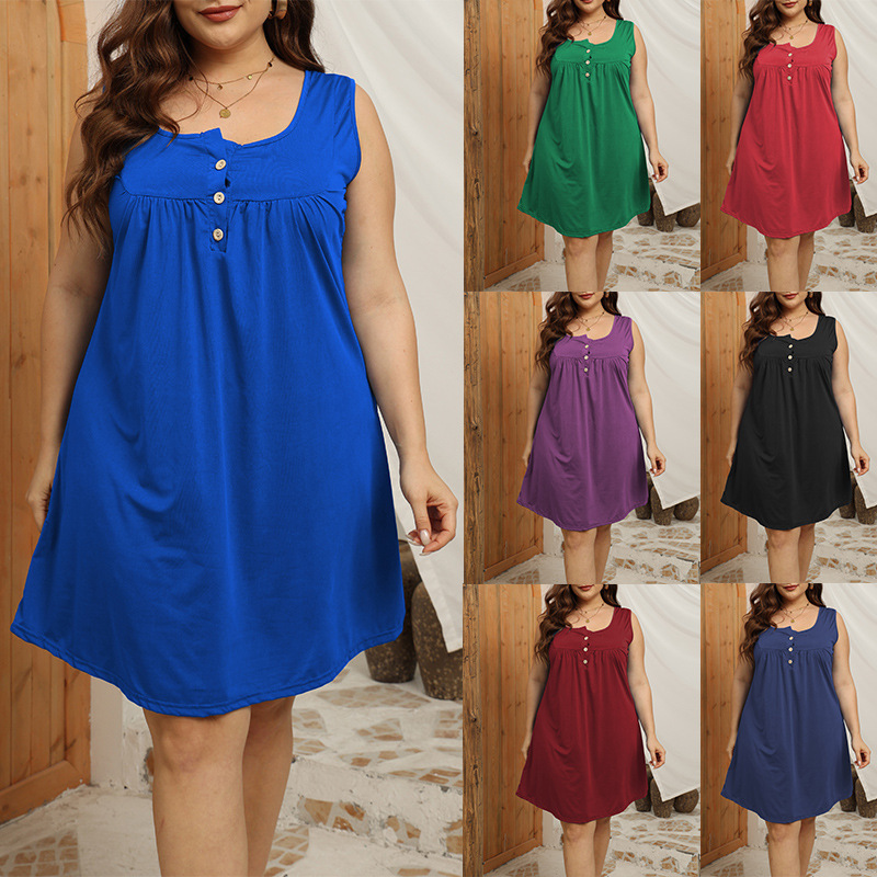 2024 European and American Cross-border Women's Clothing Amazon Button Pleated plus size Loose Casual Vest Sleeveless Sexy dress 2024 European and American Cross-border Women's Clothing Amazon Button Pleated plus size Loose Casual Vest Sleeveless Sexy dress