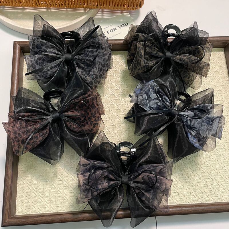 Mesh Leopard Print Bow Hair Clip, Stylish and Fashionable Girl's Hair Accessory, Shark Clip for the Back of the Head, Boutique Hair Accessory