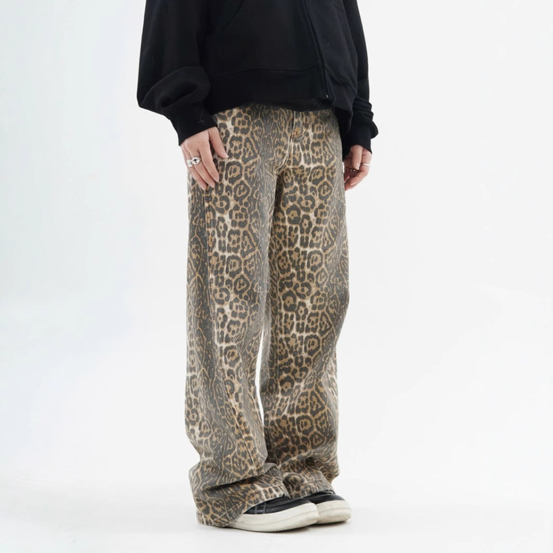 2025 American Retro Y2K Leopard Print Jeans for Men and Women High Street Loose Straight Pants Trendy Brand Wide Leg Long Pants