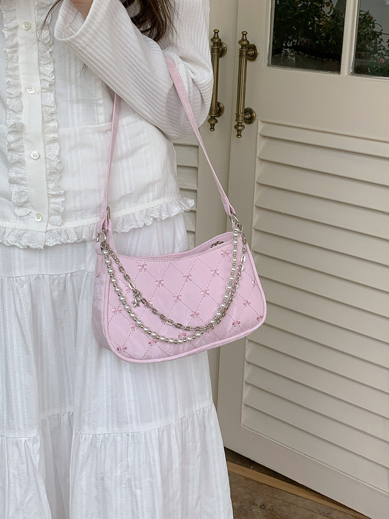181g Weight Pearls, Sewing Thread, Chain Fashion Element Zipper Closure Type Single Shoulder Strap Strap Type Shoulder Bag Bags Type Casual, Daily, Shopping Occasion Pu Leather Material Solid Color, Bow Knot Pattern All Seasons Season Women's Gender Cute Style Square Shape Women's Pu Leather Solid Color Bow Knot Cute Pearls Sewing Thread Chain Square Zipper Shoulder Bag 6