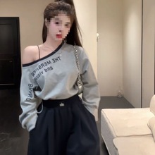 时尚休闲一整套字母印花常规秋季显瘦辣妹卫衣+阔腿拖地裤套装女