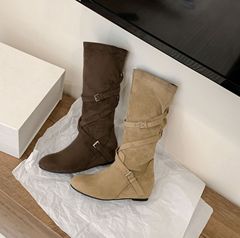 葡萄妈同款增高6cm~韩系圆头百搭扣带柔软褶皱显瘦厚底中高筒靴女