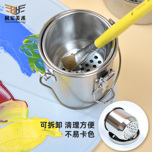 Art stainless steel oil painting pen washer can carry oil painting single oil pot double stainless steel oil pot oil painting pen washer bucket