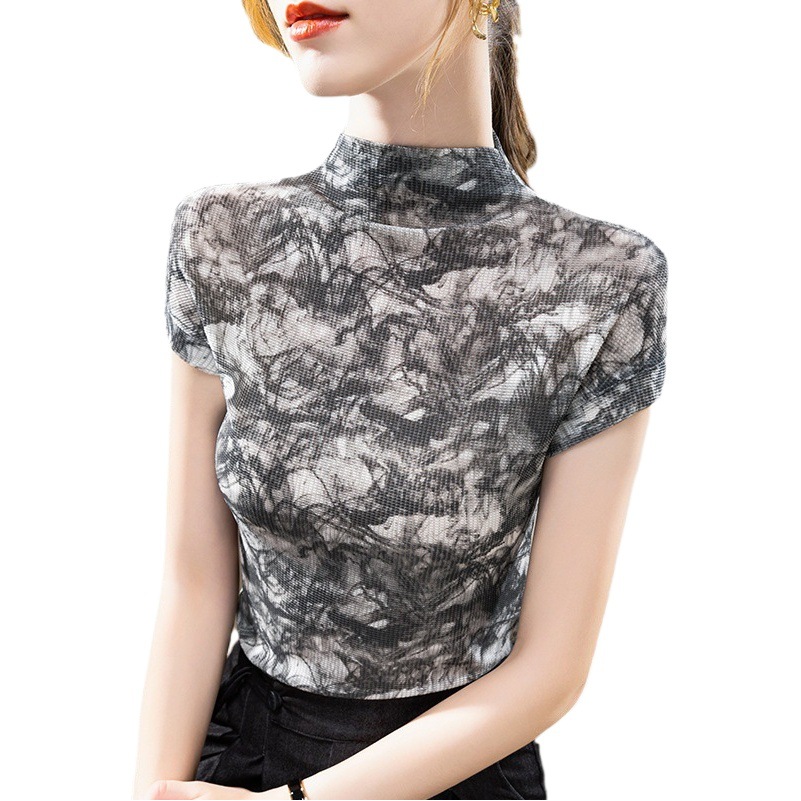 La Mitad de cuello alto de las mujeres que basa la camisa 2023 nueva ropa de mujer estilo occidental impreso malla Europea pequeña camisa interior de manga corta superior