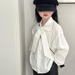 Girls' Blouse 2024 Spring New Korean Style Striped White Long Sleeve Shirt Cardigan Base Layer Stylish One-Stop Dropshipping