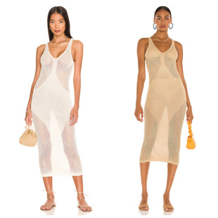 Cross-Border European and American New Beach Cover-Up Vest-Style Knitted Long Skirt Vacation Bikini Swimsuit Women's Beach Skirt Outer Wear