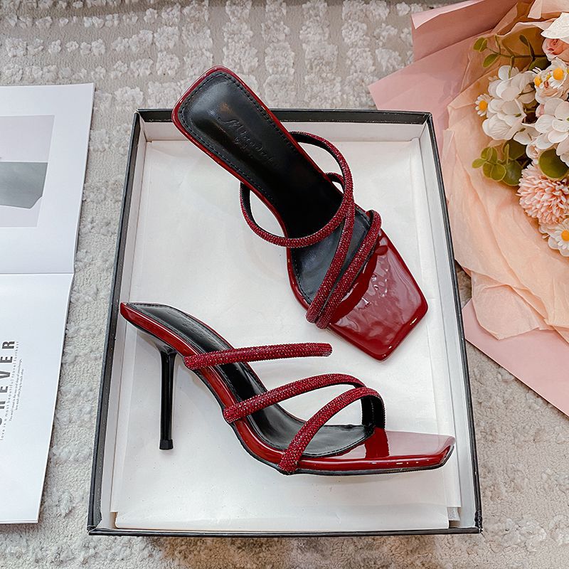 2026 Summer New Style Fairy Rhinestone High-Heeled Sandals for Women with Thin Heels and Square Toes, Popular One-Strap Slippers for Women