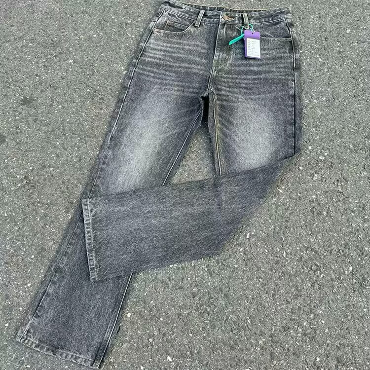 Cross-Border Wholesale Black and Gray Marble Washed Flared Jeans in Clean Fit Style, Vintage Long Pants, Trendy