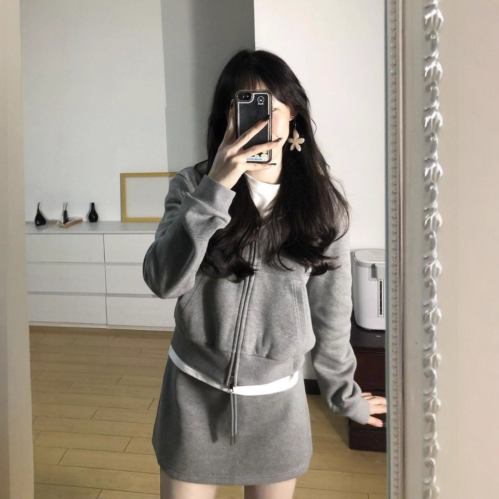 Casual Sports Gray Zipper Hooded Sweatshirt Jacket Petite High-Waisted Half-Length Skirt Spring & Fall Two-Piece Suit for Women