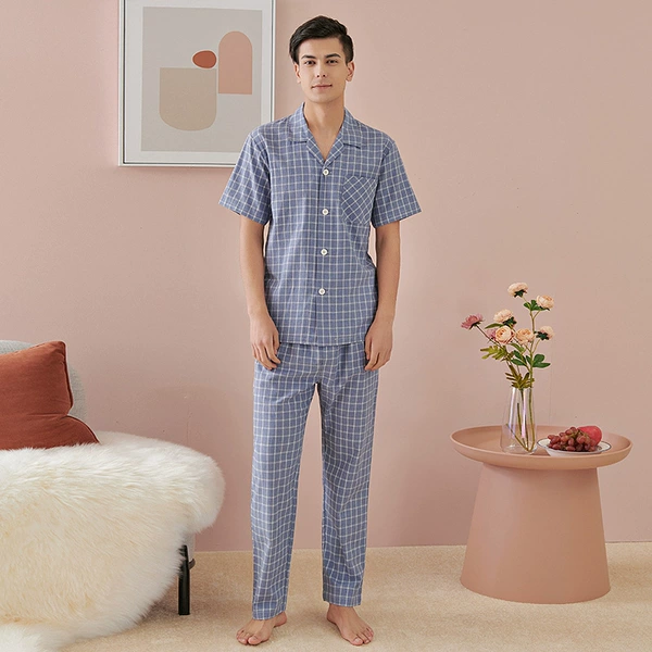 Men's pure cotton blue grid HM14