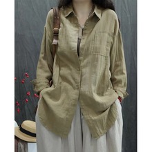 复古棉麻大版纯色长袖衬衫女春季中长款宽松百搭休闲衬衣防晒开衫