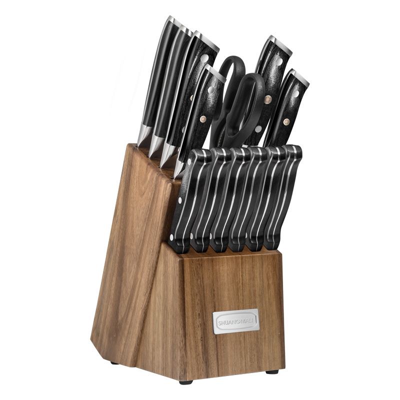 Cuchillos de cocina de exportación de acero inoxidable de doble caballo 15 piezas de asiento de cuchillo de madera acacia con afilador de cuchillo conjunto de cuchillos de comercio exterior