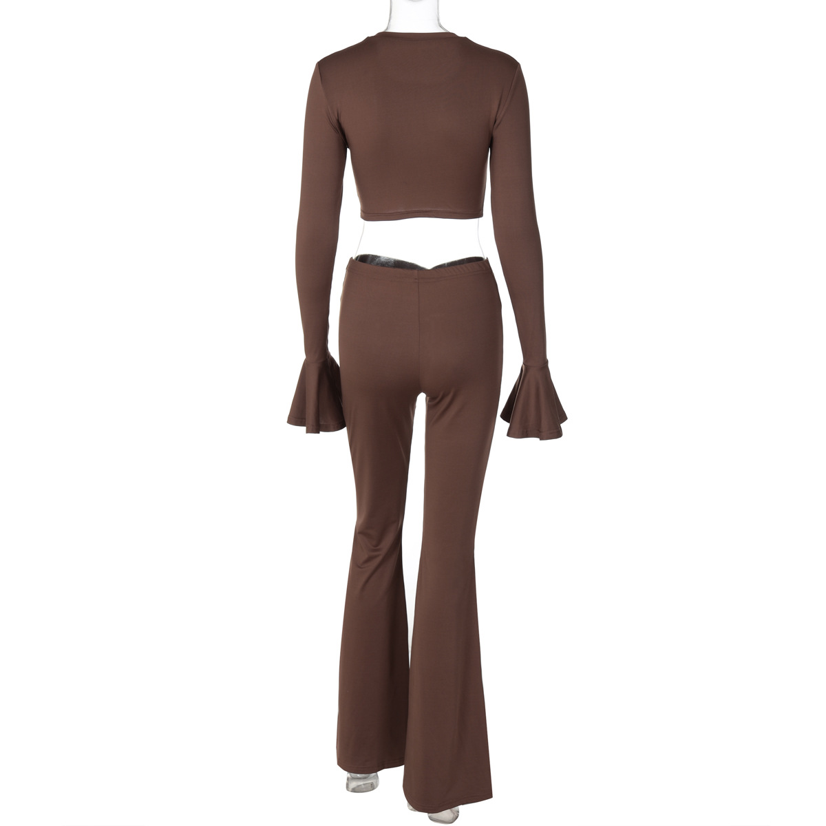 Autumn Winter Solid Color Ruffles Long Sleeve Pleated Slim Trousers Sets