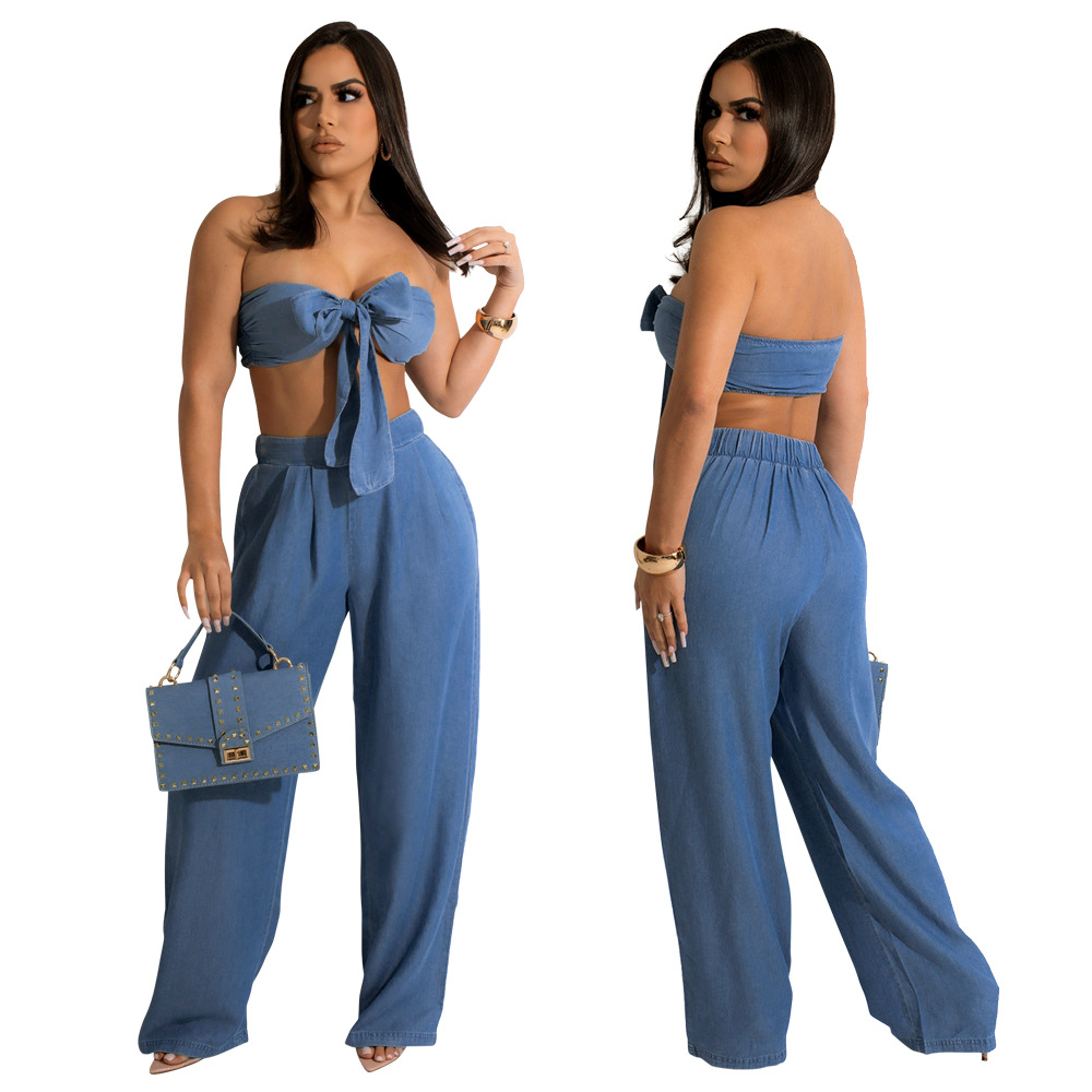 solid color word-neck knotted top and high-waist loose pants two-piece set  NSCYF122957