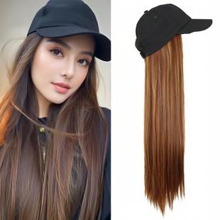 New product hat wig women's long straight hair duck tongue baseball hat with fake hair one fashion full head cover wholesale