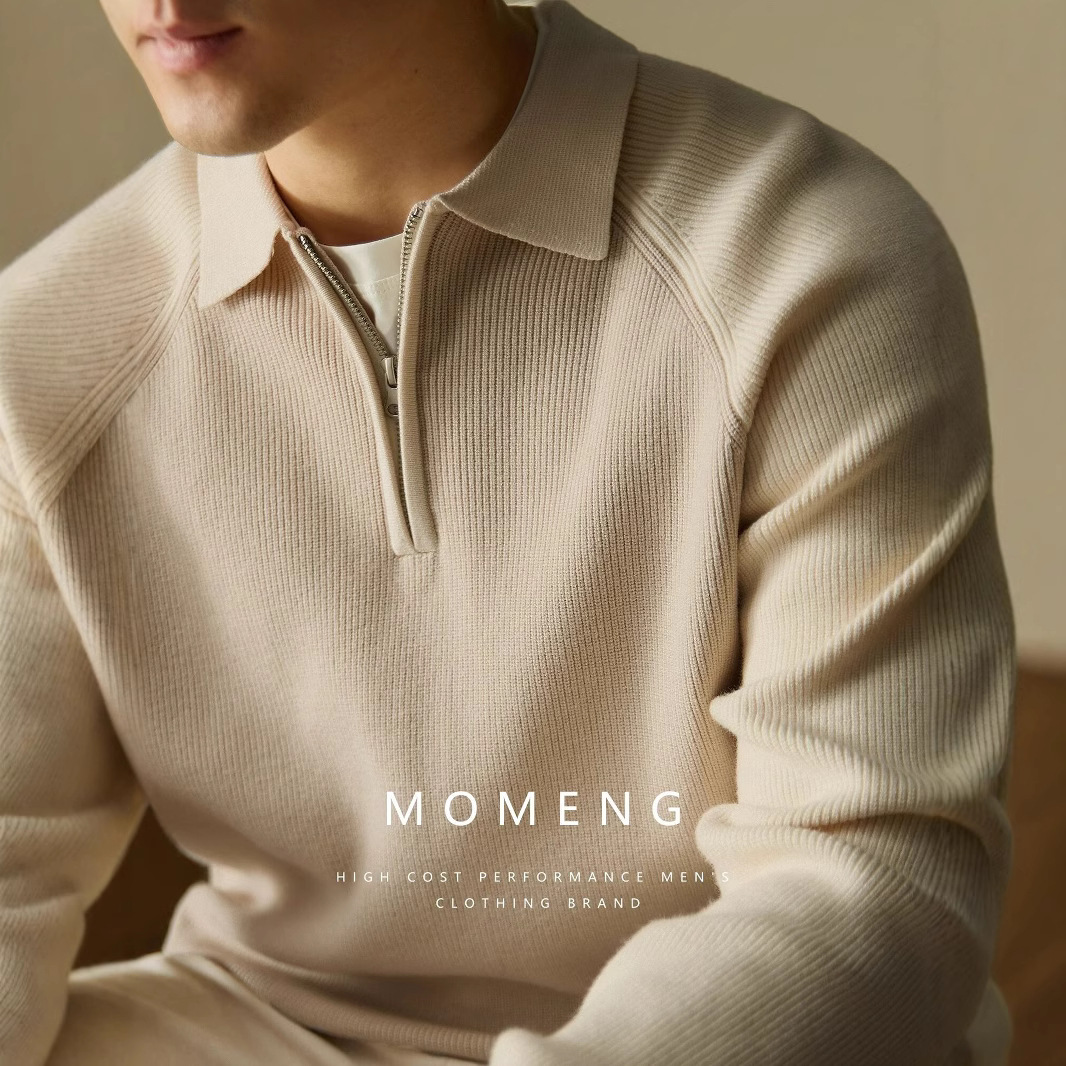 Maglione da uomo con collo a polo e mezza zip, vestibilità slim, maniche raglan, stile casual invernale, con bordi a contrasto_voghion.com