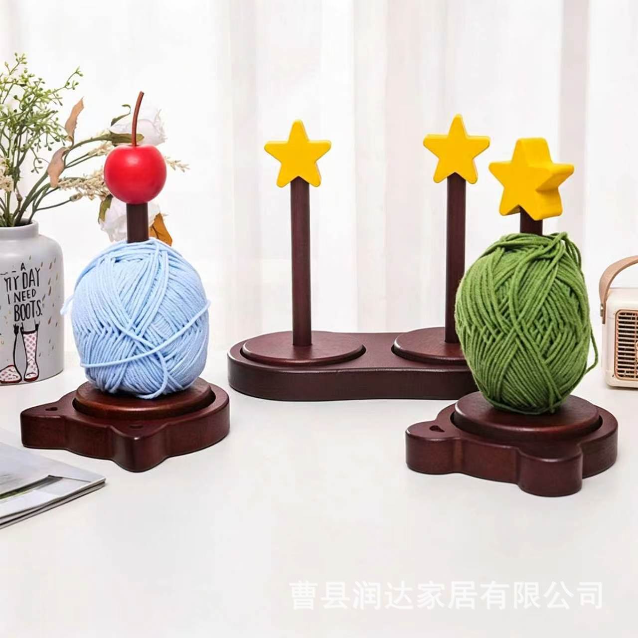 Wooden Yarn Storage Rack with Star and Moon Shapes, Hair Tie Display Stand, Desktop Weaving Rotating Tool, Yarn Storage
