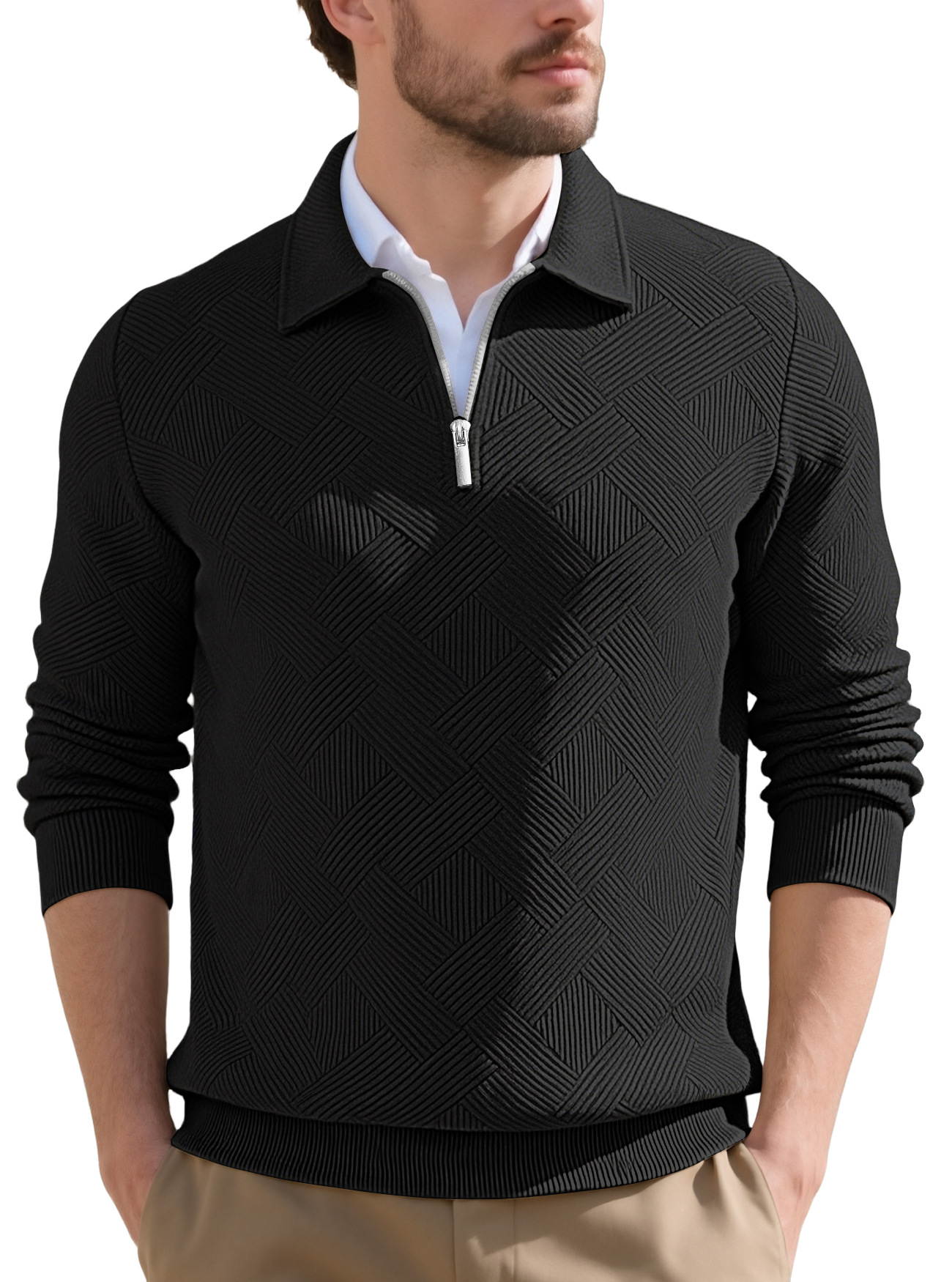 Transfronterizos Europa y América Amazon American otoño nuevo hombre retro jacquard manga larga con solapa media cremallera camiseta casual