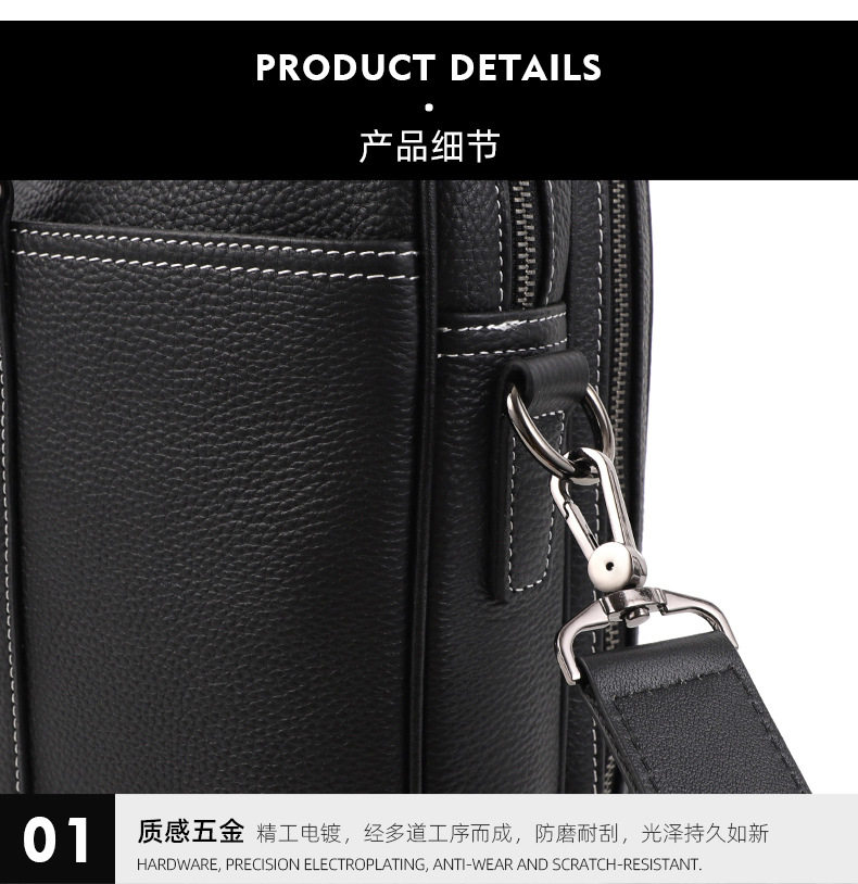 Cặp công sở da bò lớp đầu khóa kéo đôi, túi xách tay nam đựng laptop 14 inch dung lượng lớn, có dây đeo vai 38×11×28 cm — đen chi tiết 19