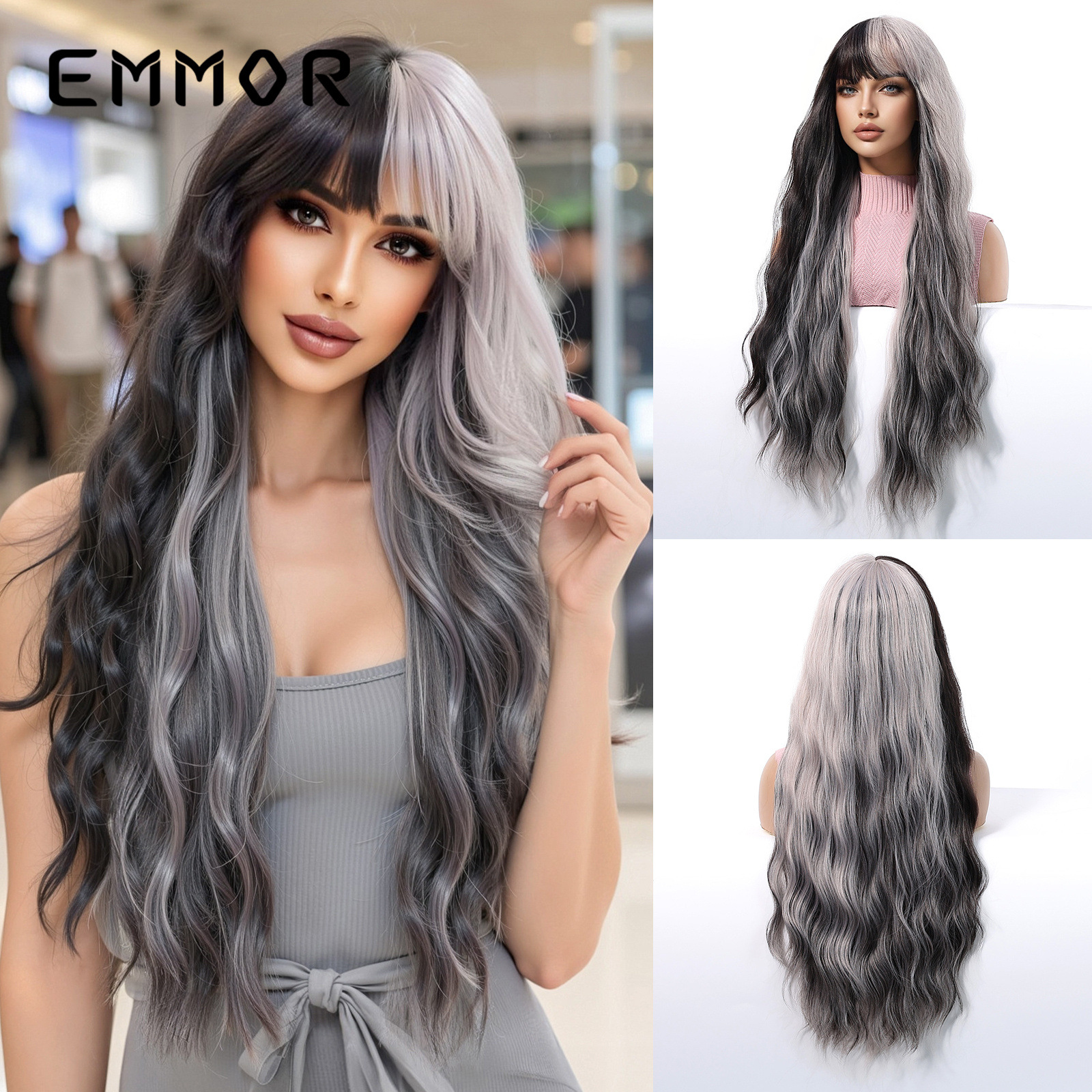 Celebridades de Internet en color dopamina, flequillo europeo y americano, ondas grandes, cabello largo y rizado, peluca de venta caliente transfronteriza, tipo de cabello completo