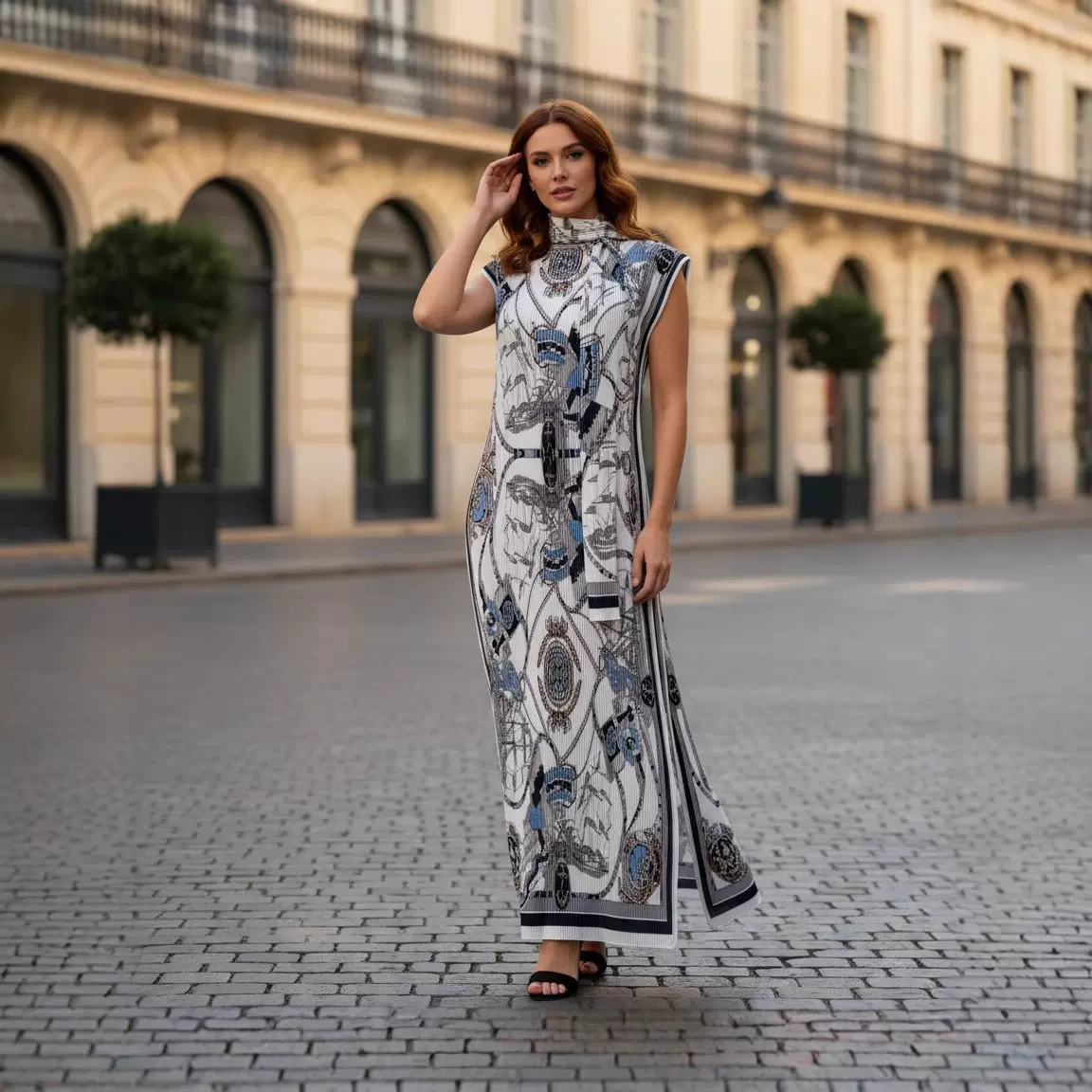 源头厂家跨境热卖三宅系列无袖压褶长款直筒连衣裙