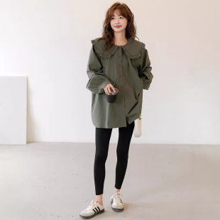 Spring and Autumn Maternity Fashion Korean Style Pregnant Women's Doll Shirt Loose plus size Long Sleeve Lapel Pregnant Women's Shirt Long Sleeve Top